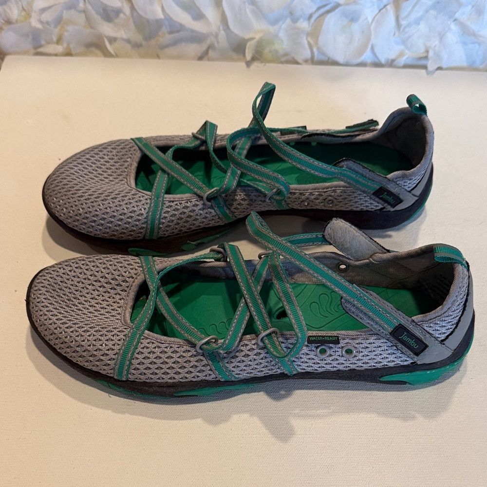 Jambu Gray Mesh Flats with Teal Accent Straps - Picture 2 of 4